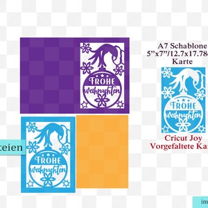 Peut inclure: Mod&egrave;les de cartes de No&euml;l en violet, bleu et orange. Les cartes pr&eacute;sentent un motif d&eacute;coup&eacute; avec un ornement festif et le texte allemand "Frohe Weihnachten". Comprend des fichiers SVG et DXF. Dimensions de la carte : 12,7 cm x 17,78 cm.