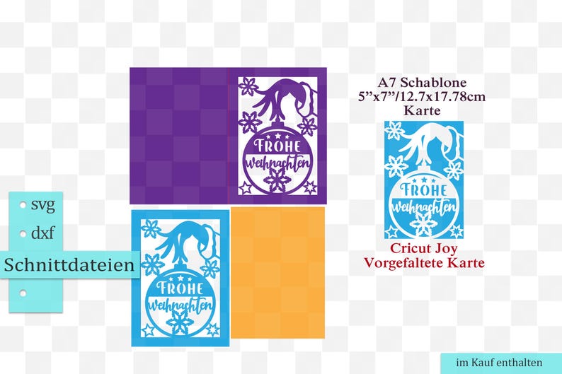 Peut inclure: Mod&egrave;les de cartes de No&euml;l en violet, bleu et orange. Les cartes pr&eacute;sentent un motif d&eacute;coup&eacute; avec un ornement festif et le texte allemand "Frohe Weihnachten". Comprend des fichiers SVG et DXF. Dimensions de la carte : 12,7 cm x 17,78 cm.