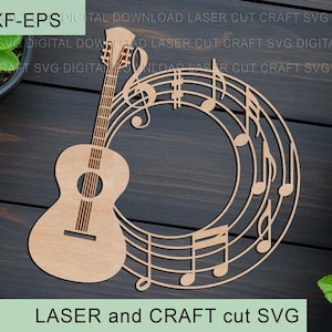 Könnte beinhalten: Ein Holz-SVG-Design mit Gitarre und Noten. Die Gitarre ist hellbraun mit detaillierten Linien. Noten und ein Violinschlüssel sind kreisförmig angeordnet. Der Text "LASER and CRAFT cut SVG" befindet sich unten.