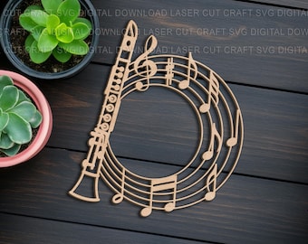 Monogramma per clarinetto SVG: modello di cartello rotondo tagliato al laser (download digitale)