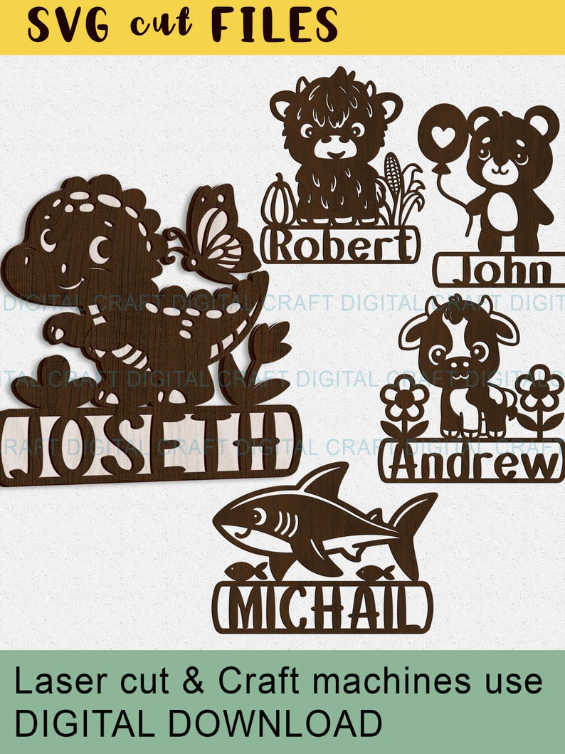 Baby Animals Name Sign SVG Bundle: Laser Cut Nursery Template (digital ...