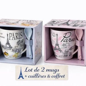 Set of 2 Paris Mugs with Spoons, Eiffel Tower Blue and Pink Coffee Cups, French Ceramic Gift Set 11oz