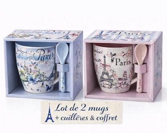 Juego de 2 tazas con forma de mariposa de París y cucharas, tazas de café con motivos de la Torre Eiffel, juego de regalo romántico de cerámica francesa de 325 ml