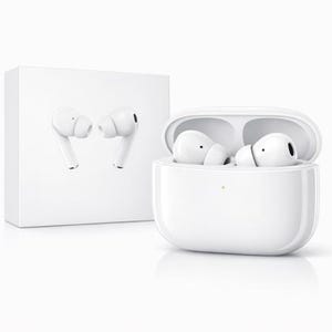 Op de afbeelding: Witte draadloze oordopjes en oplaadcase. De oordopjes worden getoond in de open case en op de productverpakking. De case heeft een afgeronde vierkante vorm. De oordopjes zijn wit met zwarte accenten.