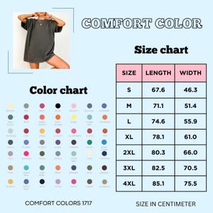 May include: A Comfort Color t-shirt size chart and colour palette display. The chart lists sizes S through 4XL with corresponding length and width measurements in centimetres. A grid of coloured circles shows available shades for the 1717 model.