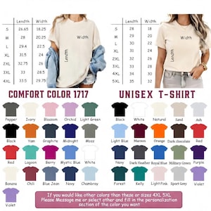 K&ouml;nnte beinhalten: Bild mit Gr&ouml;&szlig;entabellen und Farboptionen f&uuml;r Comfort Color 1717 und Unisex T-Shirts. Die Gr&ouml;&szlig;entabellen zeigen die Ma&szlig;e in Zentimetern f&uuml;r die Gr&ouml;&szlig;en S bis 5XL. Eine gro&szlig;e Auswahl an Farben wird angezeigt, darunter Schwarz, Wei&szlig; und verschiedene Blau-, Gr&uuml;n- und Violettt&ouml;ne.