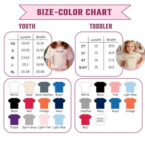 K&ouml;nnte beinhalten: Eine Gr&ouml;&szlig;en- und Farbtabelle f&uuml;r T-Shirts f&uuml;r Jugendliche und Kleinkinder. Die Tabelle enth&auml;lt Ma&szlig;e in cm f&uuml;r verschiedene Gr&ouml;&szlig;en sowie eine Farbpalette mit Wei&szlig;, Schwarz, Rot und anderen Farben. Der Text "SIZE-COLOR CHART" ist oben.