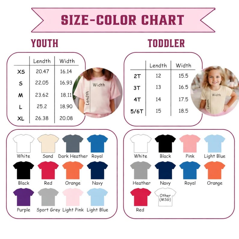 K&ouml;nnte beinhalten: Eine Gr&ouml;&szlig;en- und Farbtabelle f&uuml;r T-Shirts f&uuml;r Jugendliche und Kleinkinder. Die Tabelle enth&auml;lt Ma&szlig;e in cm f&uuml;r verschiedene Gr&ouml;&szlig;en sowie eine Farbpalette mit Wei&szlig;, Schwarz, Rot und anderen Farben. Der Text "SIZE-COLOR CHART" ist oben.