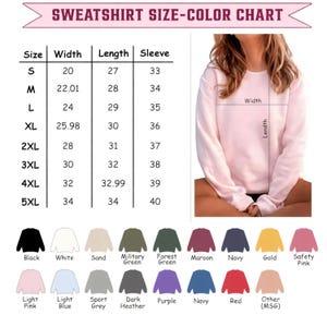 K&ouml;nnte beinhalten: Eine Gr&ouml;&szlig;entabelle und Farbtabelle f&uuml;r Sweatshirts. Die Tabelle enth&auml;lt die Gr&ouml;&szlig;en S bis 5XL mit Breiten-, L&auml;ngen- und &Auml;rmelma&szlig;en. Farben sind Schwarz, Wei&szlig;, Sand, Milit&auml;rgr&uuml;n, Waldgr&uuml;n, Burgunderrot, Marine, Gold und Rosa.