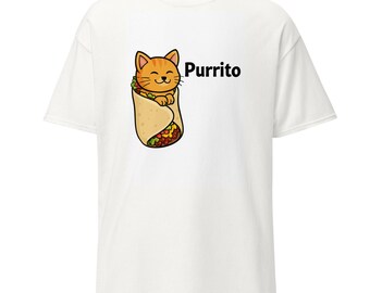 May include: White t-shirt with a cartoon illustration of an orange cat inside a burrito. The burrito has visible fillings. The word "Purrito" is printed in black.