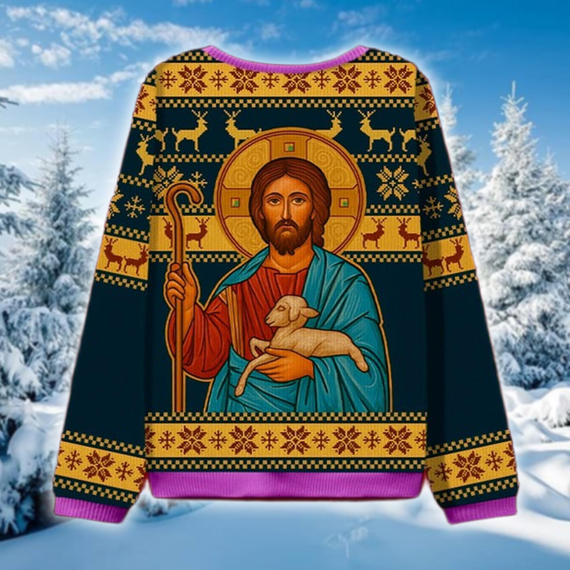 Discover Good Shepherd Jesus Christ Ugly Christmas Sweater, Religious Icon Holiday Sweatshirt, Christian Faith Xmas Gift
