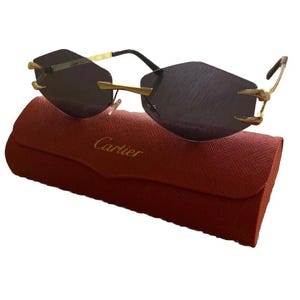 Cartier Rimless Sunglasses Hexagonal Lens Gold/Black w/ Case, Pouch, Cloth AUTHENTIC