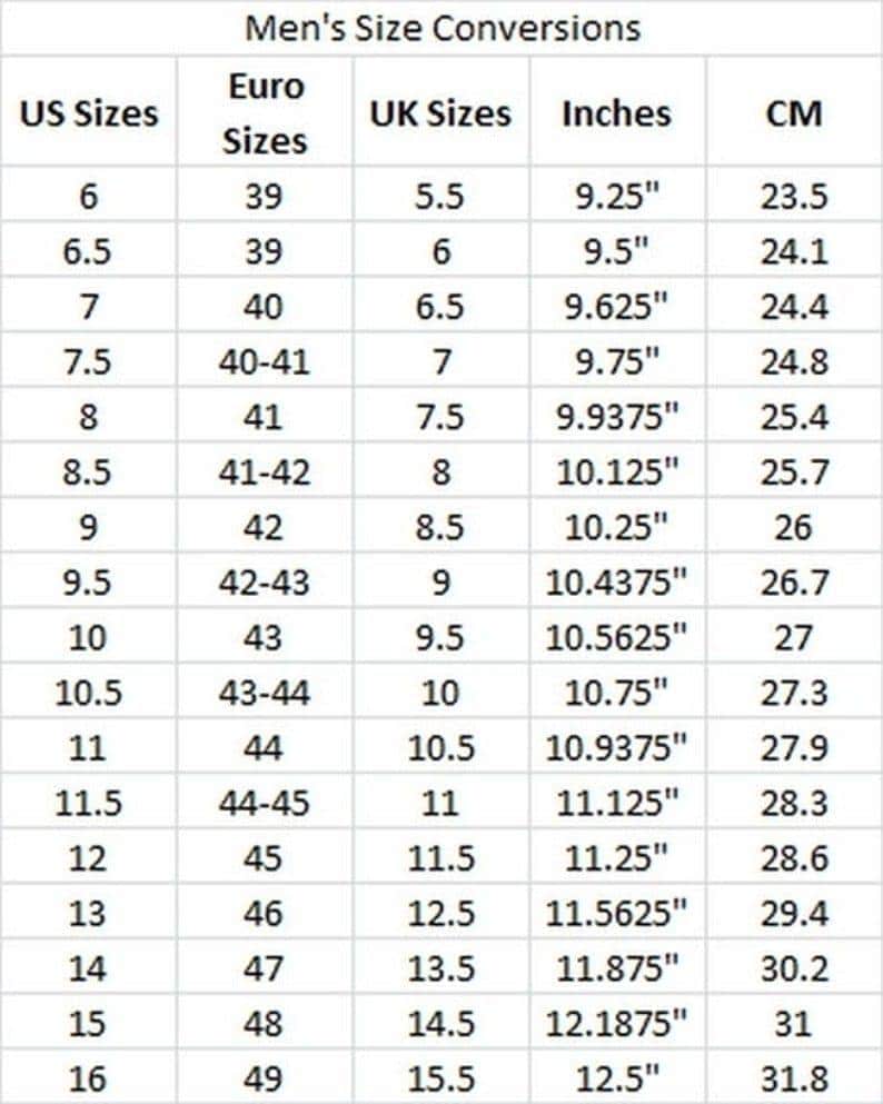 Puede incluir: Tabla de conversi&oacute;n de tallas de zapatos para hombre, incluyendo tallas de EE. UU., Euro y Reino Unido, con medidas en pulgadas y cent&iacute;metros. La tabla va desde la talla EE. UU. 6 (23,5 cm) hasta la talla 16 (31,8 cm).