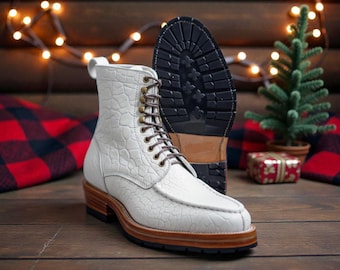 Handmade White Croc Leather Ankle Boots, Goodyear Welted