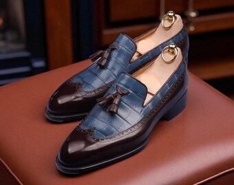 Two-Tone Croc Leather Loafers: Men's Bespoke Wingtip Dress Shoes