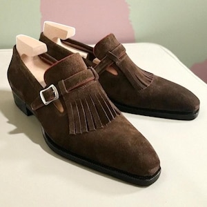Handmade Suede Fringe Moccasins: Dark Brown Slip-On Dress Shoes