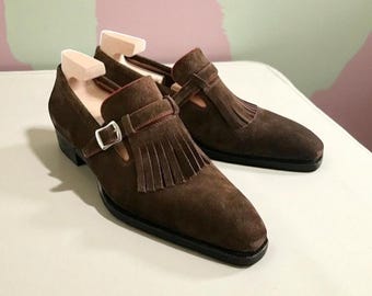 Handmade Suede Fringe Moccasins: Dark Brown Slip-On Dress Shoes