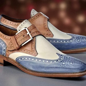 Men's Three-Tone Leather Monk Strap Brogue Shoes - NewBally Designs