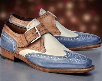 Men's Three-Tone Leather Monk Strap Brogue Shoes - NewBally Designs