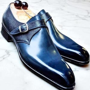 Handmade Two-Tone Royal Blue Leather Monk Strap Shoes
