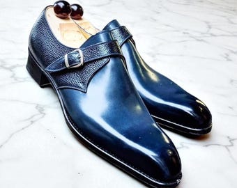 Handmade Two-Tone Royal Blue Leather Monk Strap Shoes