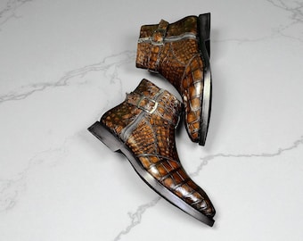 Handmade Croc Leather Jodhpur Boots: Brown Shaded, Side Zipper