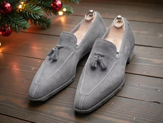 Handmade Grey Suede Tassel Loafers, Men's Formal Shoes