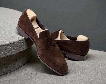 NewBally Designs For Men's Handmade Dark Brown Suede Slip On Loafer Moccasin Formal Shoes