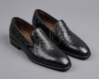 Mocassins pour hommes en cuir d'autruche noir, faits main, chaussures habillées en cuir exotique véritable, chaussures de luxe personnalisées pour hommes, cadeau pour lui.