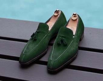 Handmade Dark Green Suede Moccasins: Men's Formal Slip-On Shoes