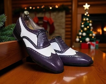 Two-Tone Purple & White Leather Brogue Wingtip Shoes - NewBally Designs