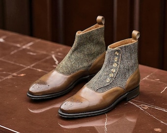 NewBally Designs For Men's Bespoke Two Tone Brown Leather & Tweet Fabric Formal Button Boot