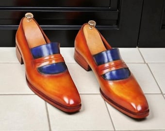 Handmade Two-Tone Leather Loafers: Tan & Blue Slip-On Dress Shoes
