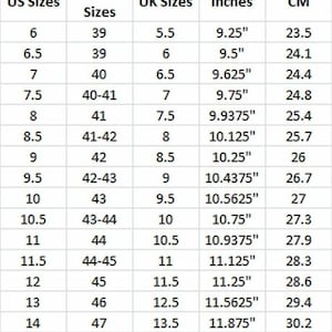 May include: A size conversion chart for men's shoe sizes, including US, Euro, and UK sizes, with corresponding measurements in inches and centimeters. The chart ranges from US size 6 (9.25 inches, 23.5 cm) to size 16 (12.5 inches, 31.8 cm).