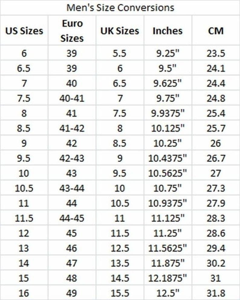 May include: A size conversion chart for men's shoe sizes, including US, Euro, and UK sizes, with corresponding measurements in inches and centimeters. The chart ranges from US size 6 (9.25 inches, 23.5 cm) to size 16 (12.5 inches, 31.8 cm).
