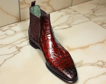NewBally Designs For Men's Pure Handmade Red Shaded Croc Leather Chelsea Formal Boot