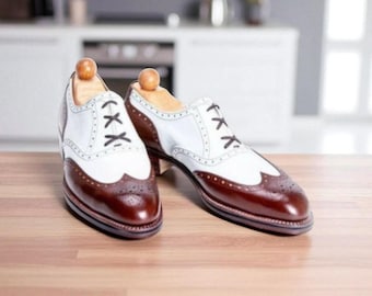 Handmade Burgundy & White Leather Wingtip Brogue Shoes