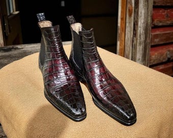 NewBally Designs For Men's Handmade Burgundy Shaded Croc Leather Formal Chelsea Boot