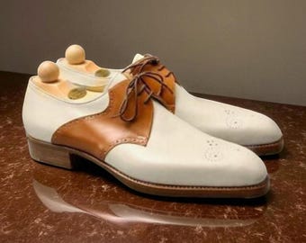 Handmade Two-Tone Leather Derby Shoes: Tan & White