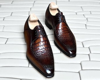 Two-Tone Brown Croco Leather Derby Shoes - NewBally Designs