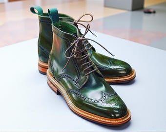 Handmade Green Leather Wingtip Boots: Men's Lace-Up Ankle Boots