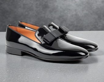 Handmade Black Patent Leather Loafers - Men's Slip On Dress Shoes