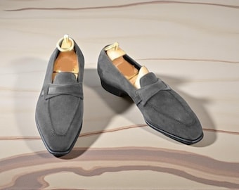 NewBally Designs For Men's Handmade Grey Suede Slip On Formal Moccasin Shoes