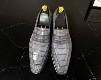 NewBally Designs For Men's Handmade Grey Croc Leather Slip On Formal Moccasin Shoes