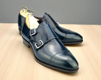 Men's Navy Blue Leather Monk Strap Dress Shoes - NewBally Designs
