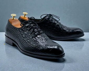 NewBally Designs For Men's Pure Handmade Black Croco Leather Lace up Oxford Formal Shoes