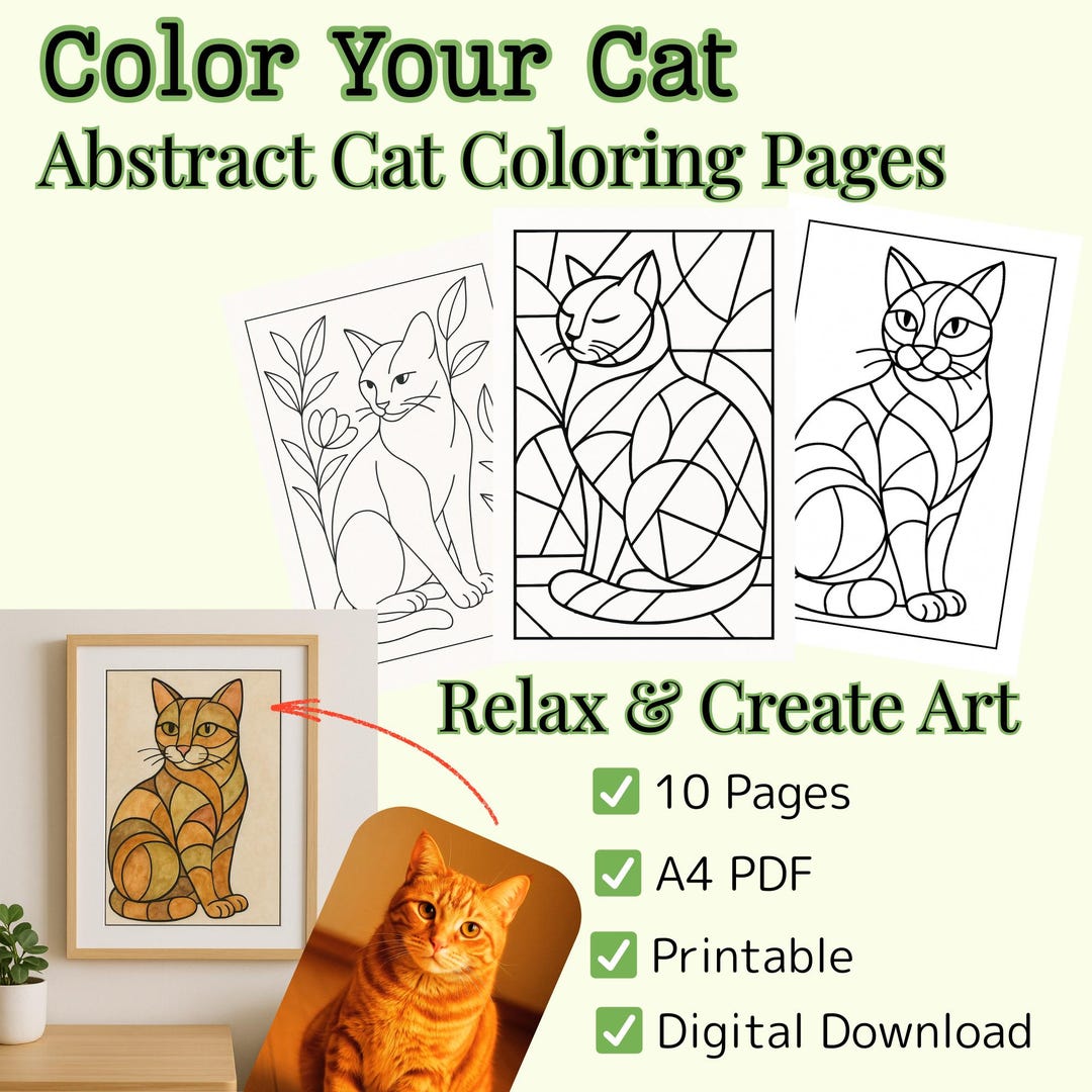 Abstract Cat Coloring Pages for Adults – 10 Printable Line Art Designs ...