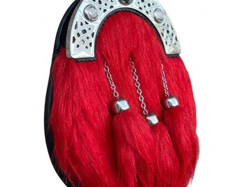 Kilt Sporran en cuir écossais pour hommes : Sporran en fourrure rouge de cantle celtique chromé en 3 glands | Accessoire Highland Kilt avec ceinture à chaîne