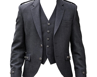 Schotse antracietgrijze Argyll kiltjas met vest met 5 knopen - Heren wollen Argyle trouwjas | Maten 34"– 54"