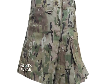 Könnte beinhalten: Ein Tarnkilt mit Falten und einer großen Cargo-Tasche auf der rechten Seite. Der Kilt ist aus strapazierfähigem Stoff gefertigt und hat eine traditionelle Kilt-Schnalle.